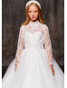 Long Sleeves Beaded White Lace Glitter Tulle Flower Girl Dress